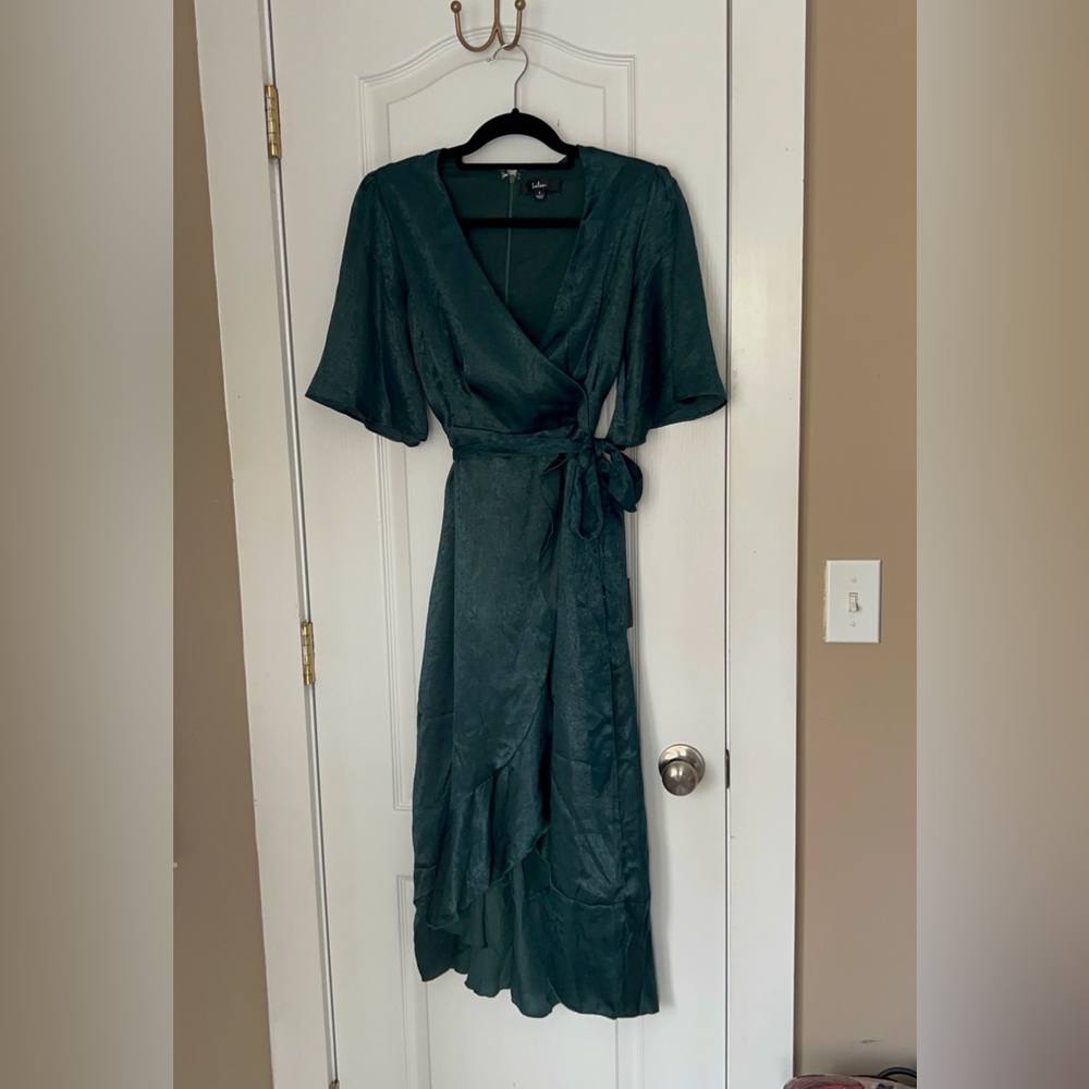 Lulu's Dark Green Wrap Midi Dress with Ruffle Hem